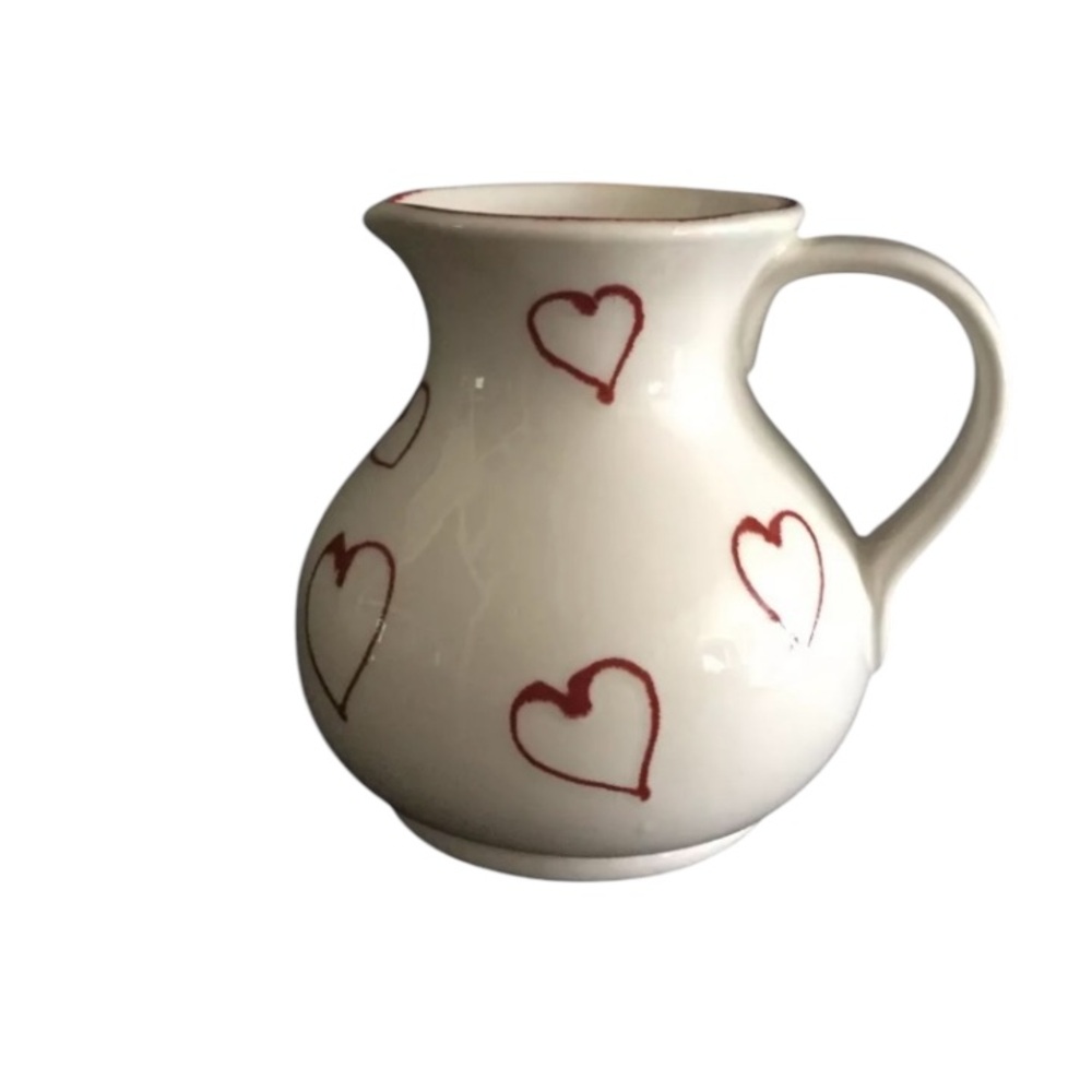 Mancer Valentine’s Day Hand Painted White Pitcher Red Hearts  5" Tall Italy